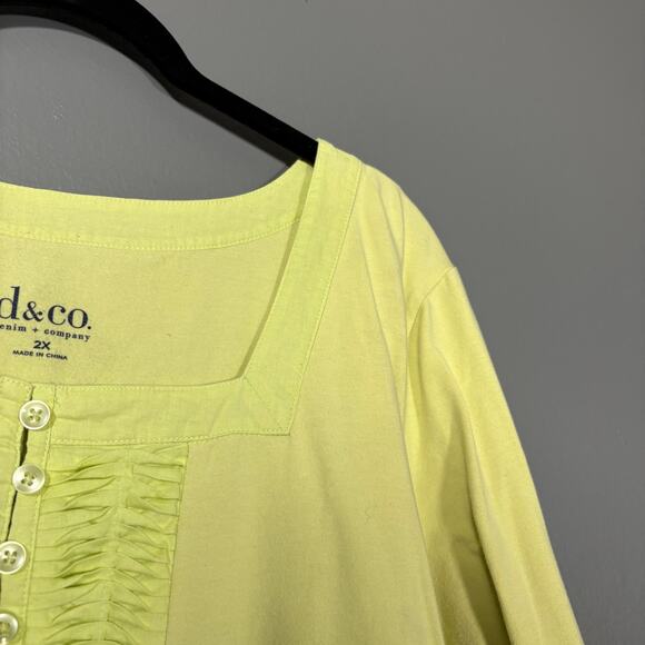 D & Co Yellow Green Pleated Front Boho Minimalist Top - 2X - Women's Plus Size - Picture 2 of 7